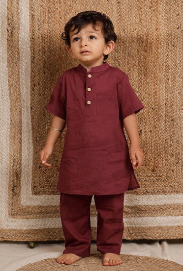 Set Of 2: Maroon Mul Mul Kurta With Maroon Pant
